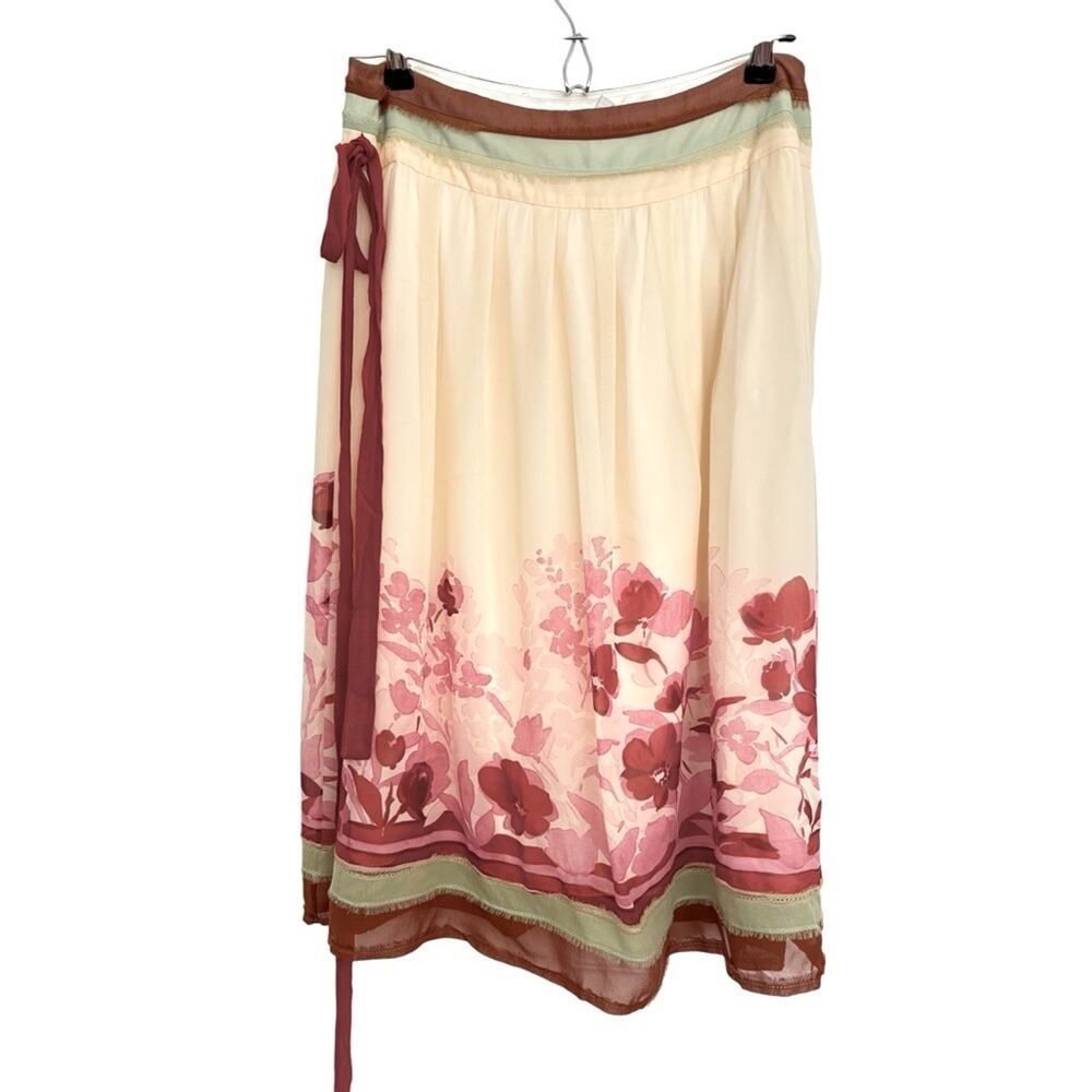 Silk Cream Skirt with Red Floral Design,mSt John Couture, Size 10